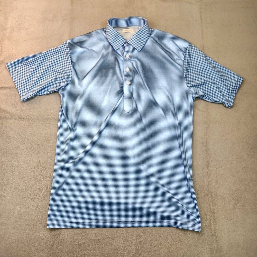 Collars & Co Dress Collar Polo Shirt Men's L‎ Blue Gingham Short Sleeve Stretch